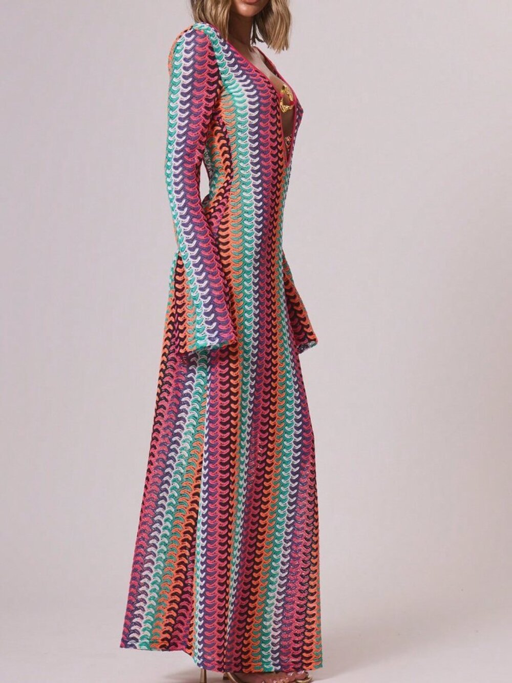 Multicolor Textured Knit Women's Elegant Maxi Dress with Cut-Out Sleeves - Picture 3 of 6